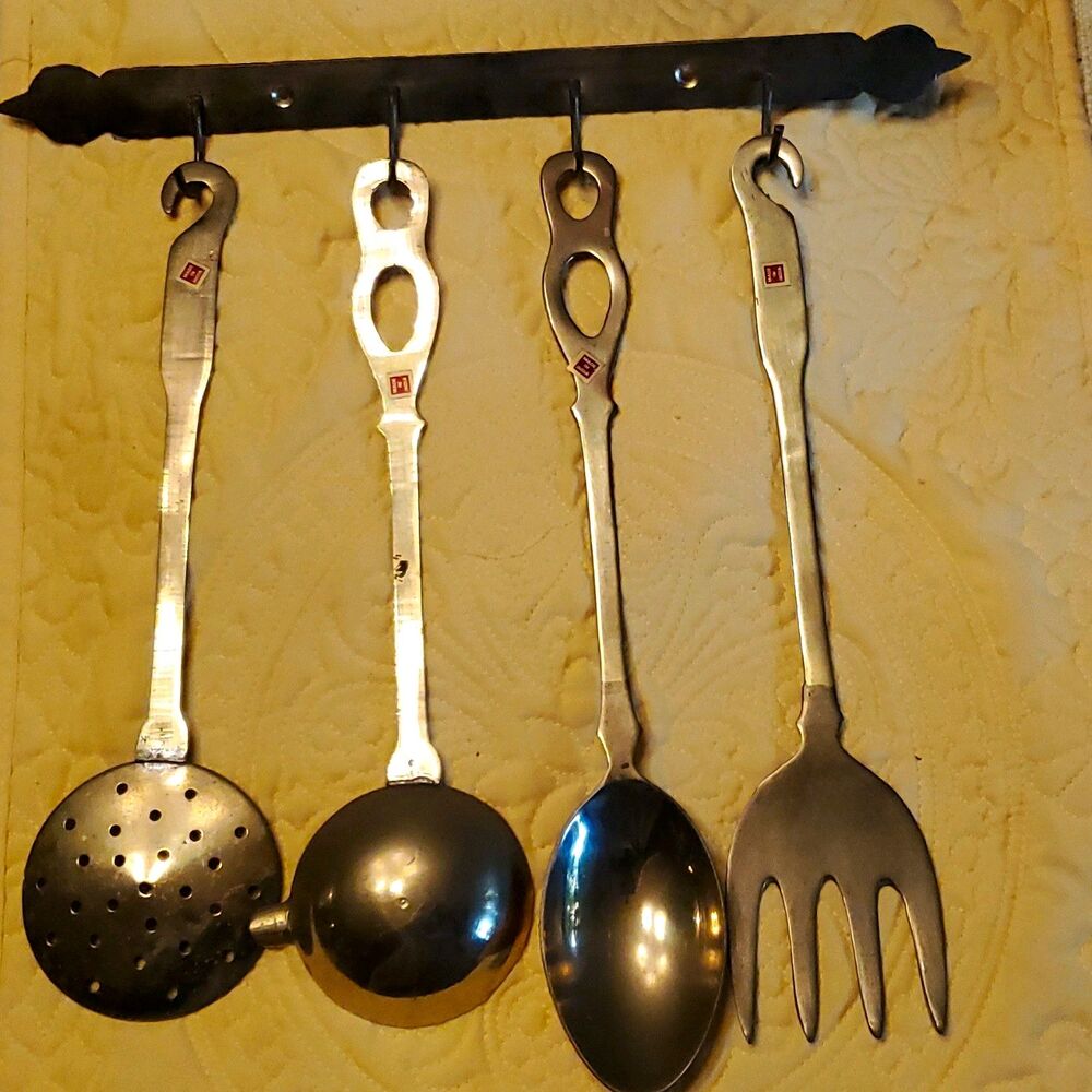4-Piece Hanging Brass/Metal Utensil Set: Ladle, Slotted Spoon, Spoon, Fork